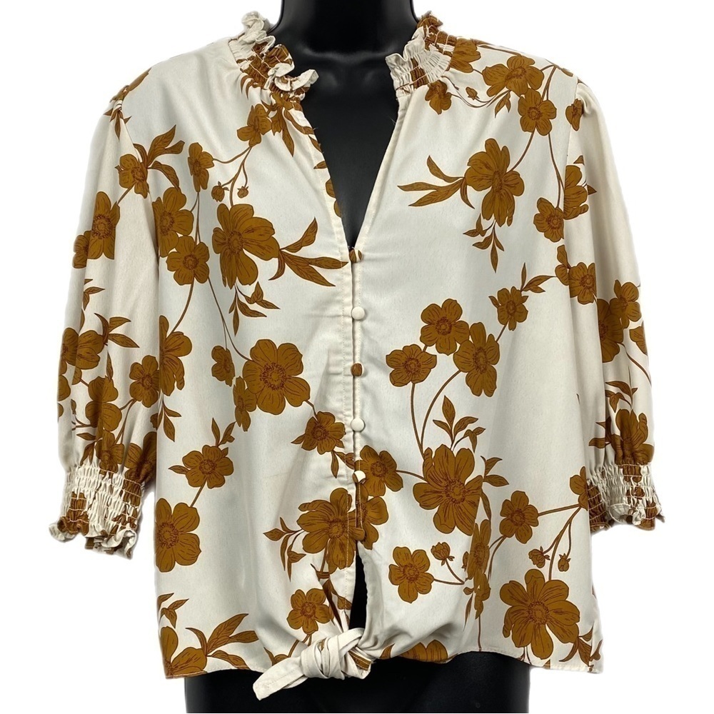 Sanctuary High Autumn Button Up Tie Front‎ Blouse Cream Brown Size M